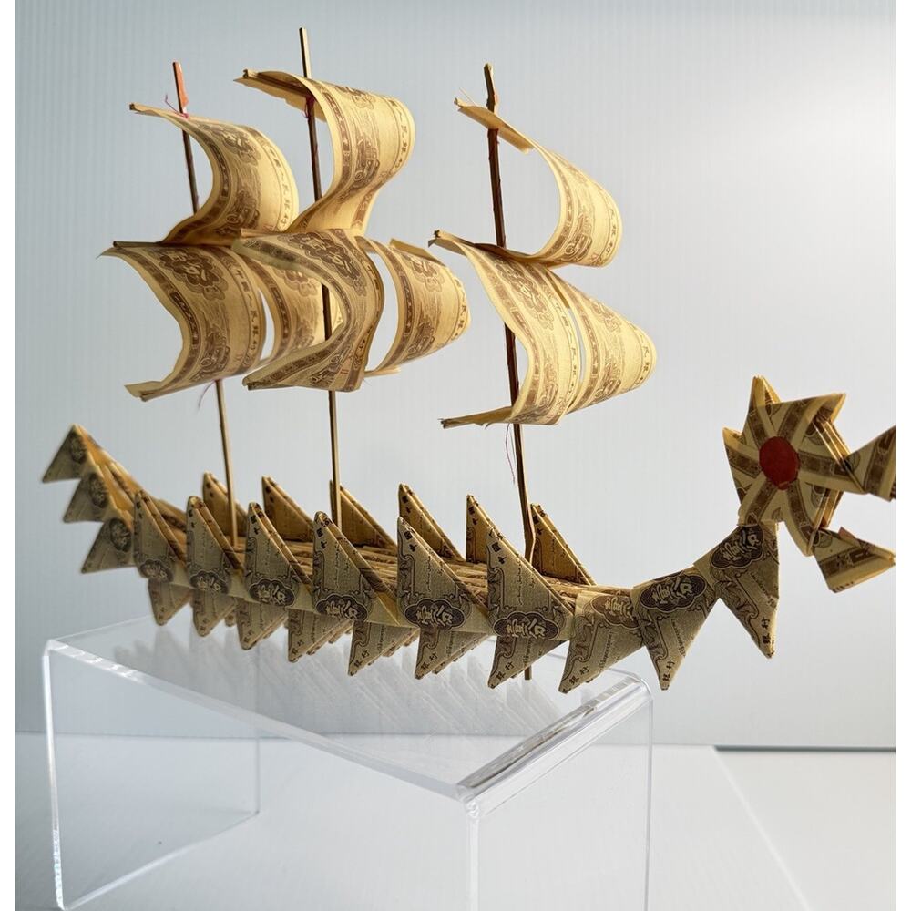 Vintage Chinese Folk Art Dragon Boat Hand Folded Fen Banknote Sculpture OrIgami
